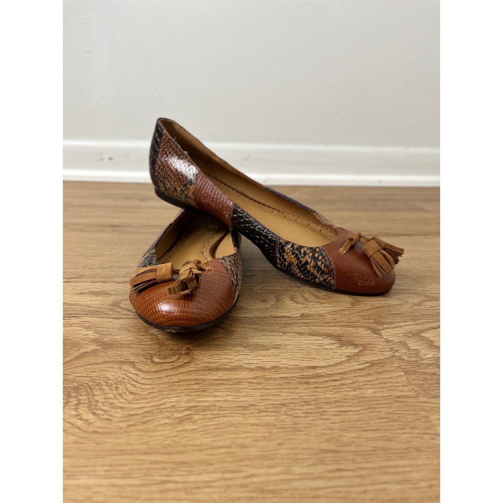 Brooks Brothers Preppy Patchwork Ballet Flats Womens 7 Brown Animal Print Tassel